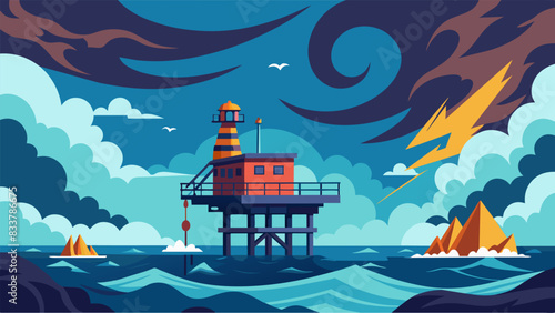 The once calm sea has transformed into a chaotic tempest with the rig platform at its epicenter.. Vector illustration