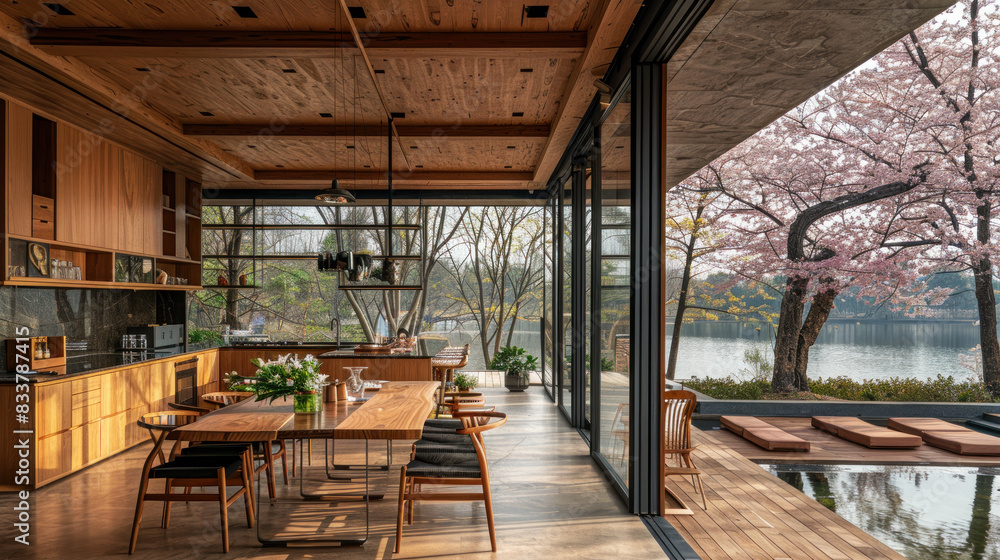 Natural brown shade dining room of a house resort by lake cherry blossom Natural brown shade dining room of a house resort by lake cherry blossom
