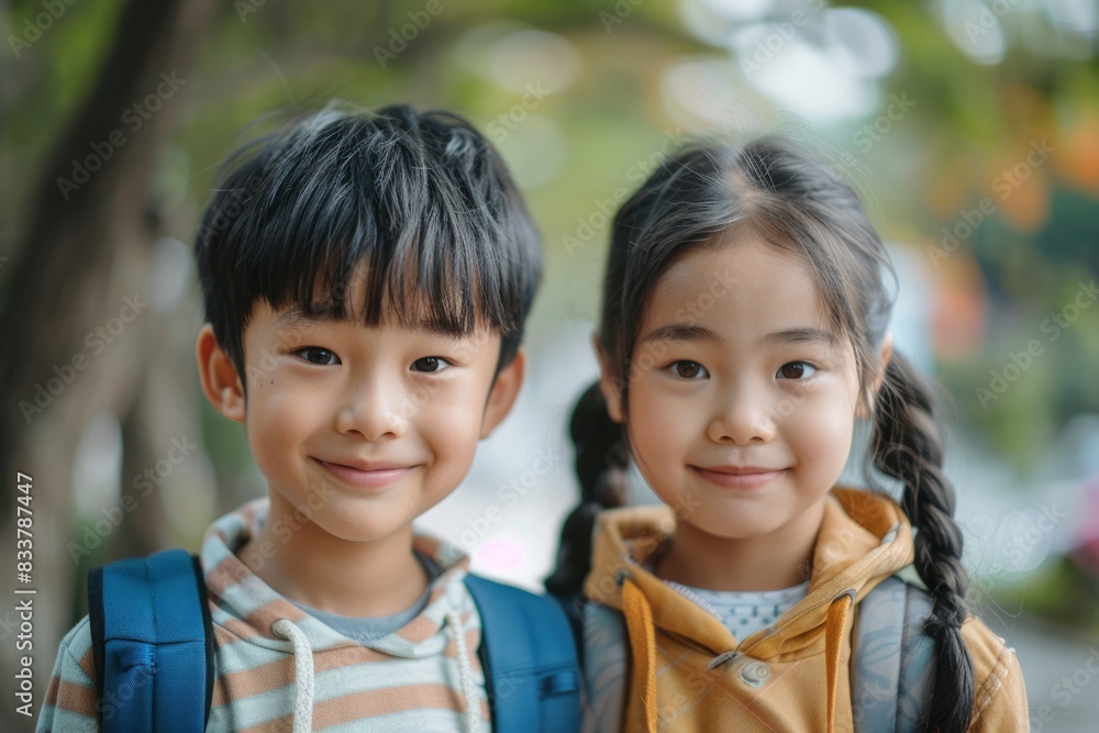 happy asian siblings looking at camera ready to go back to school, early autumn, both kids in focus happy asian siblings looking at camera ready to go back to school, early autumn, both kids in focus