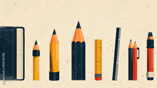  modern, minimalist background using negative space to form abstract shapes of school supplies. Focus on silhouettes of a pencil, book, and ruler defined by the surrounding blank space