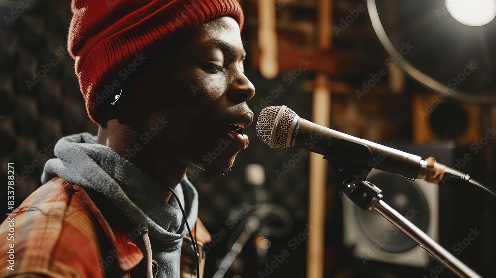 confident african american rapper singing into microphone at recording studio confident african american rapper singing into microphone at recording studio