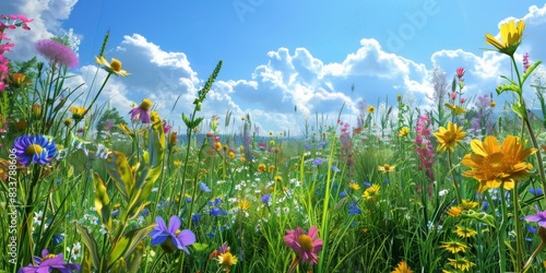 Vibrant Wildflower Meadow in Bloom Under a Sunny Sky