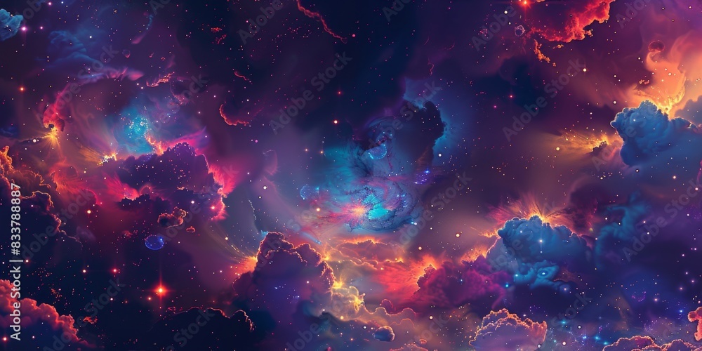 Cosmic Cloudscape With Vibrant Nebulae and Starry Night Cosmic Cloudscape With Vibrant Nebulae and Starry Night