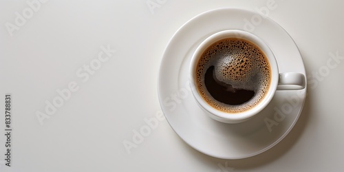 A white coffee cup with a black rim sits on a white plate with copy space