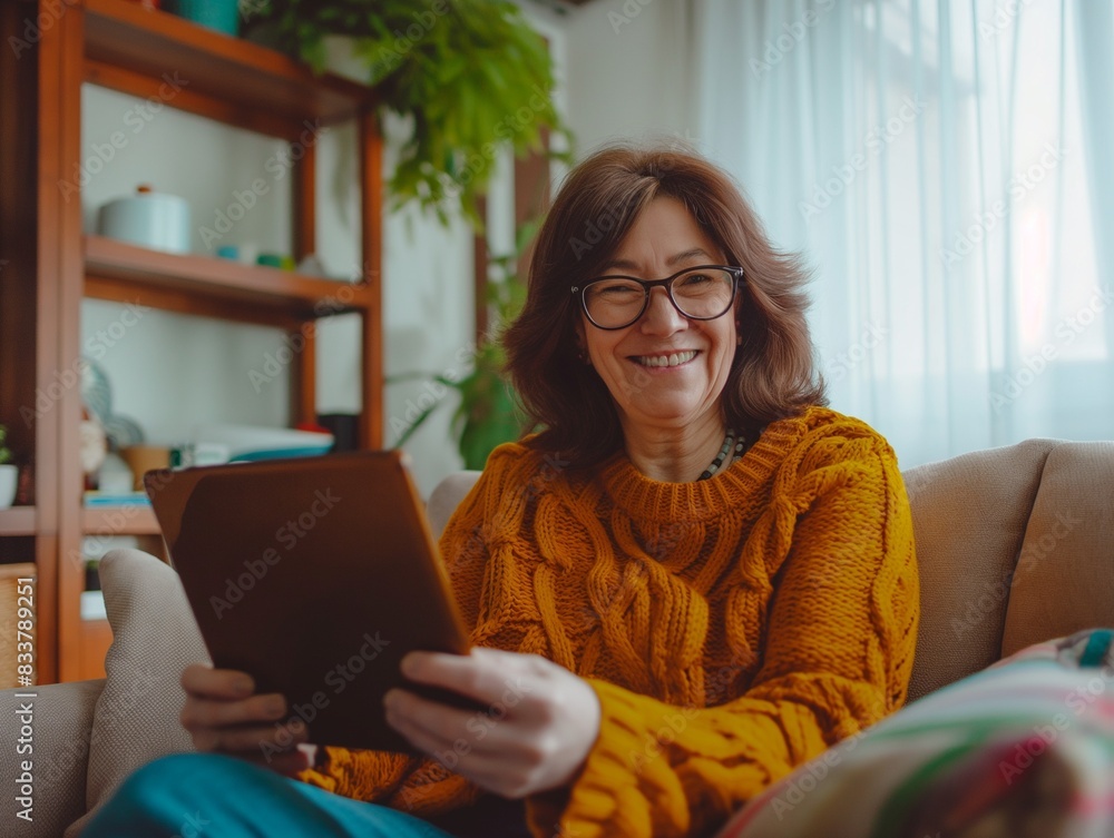 Senior woman using digital tablet at home, talking on video call in her living room Senior woman using digital tablet at home, talking on video call in her living room