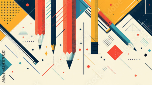  modern, minimalist background using negative space to form abstract shapes of school supplies. Focus on silhouettes of a pencil, book, and ruler defined by the surrounding blank space