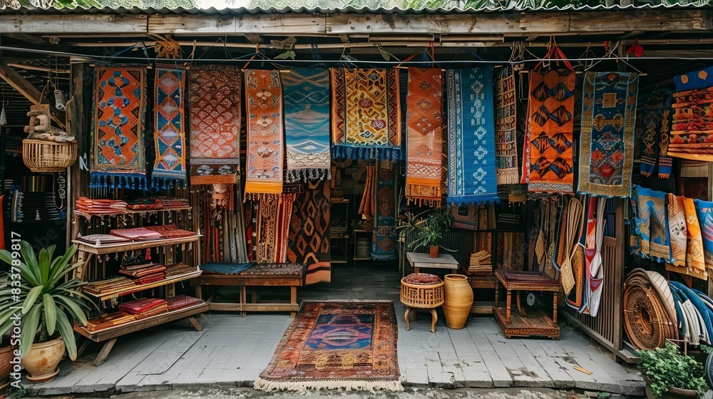 Fototapeta premium A vibrant market stall selling ikat fabrics and vintage tribal crafts
