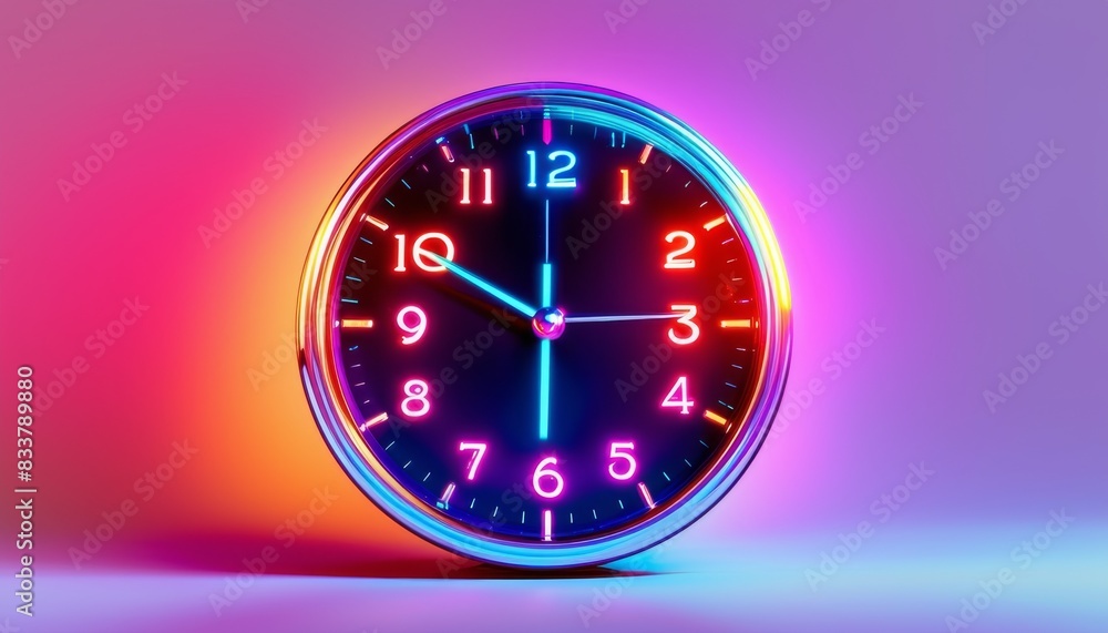Retro clock with vibrant neon lighting, showcasing colorful and modern background Retro clock with vibrant neon lighting, showcasing colorful and modern background