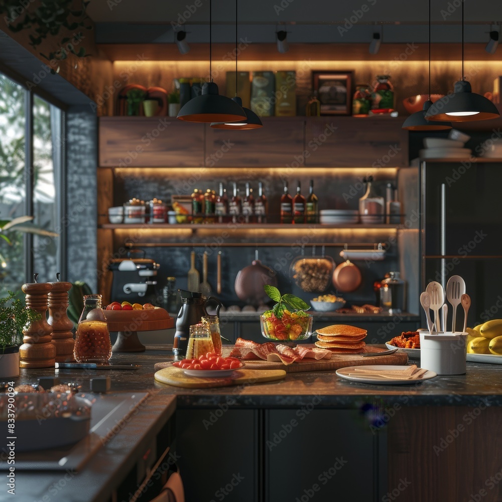 A detailed CG 3D render of a modern kitchen island topped with a variety of breakfast foods like pancakes, eggs, and bacon under warm, soft lighting A detailed CG 3D render of a modern kitchen island topped with a variety of breakfast foods like pancakes, eggs, and bacon under warm, soft lighting
