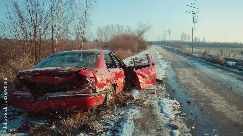 damaged red car on country road after collision accident scene damaged red car on country road after collision accident scene