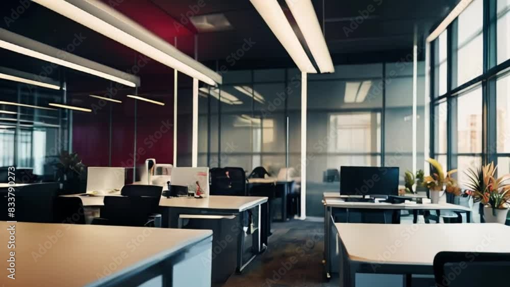 Modern Open Plan Office Interior with Desks, Computers, and Natural Light Modern Open Plan Office Interior with Desks, Computers, and Natural Light