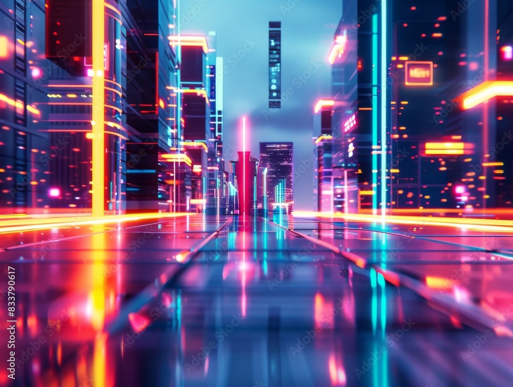 A dynamic design showcasing a sleek, futuristic cityscape with neon lights and holographic elements, crafted with realistic digital rendering techniques A dynamic design showcasing a sleek, futuristic cityscape with neon lights and holographic elements, crafted with realistic digital rendering techniques