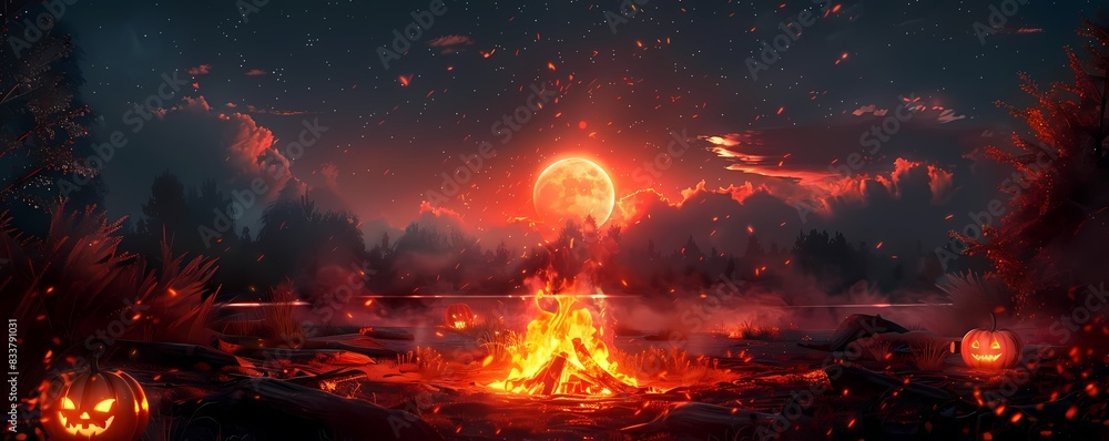 Create a Halloween bonfire party scene with space for text Create a Halloween bonfire party scene with space for text