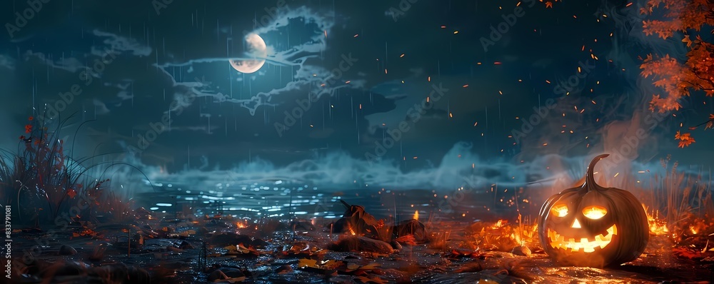 Create a Halloween bonfire party scene with space for text Create a Halloween bonfire party scene with space for text