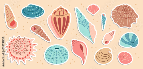 Cute sea shells sticker set. Trendy flat style seashell collection. Ocean underwater sink seashell conch aquatic mollusk. Hand drawn cartoon spiral snail, marine animals. Vector illustration