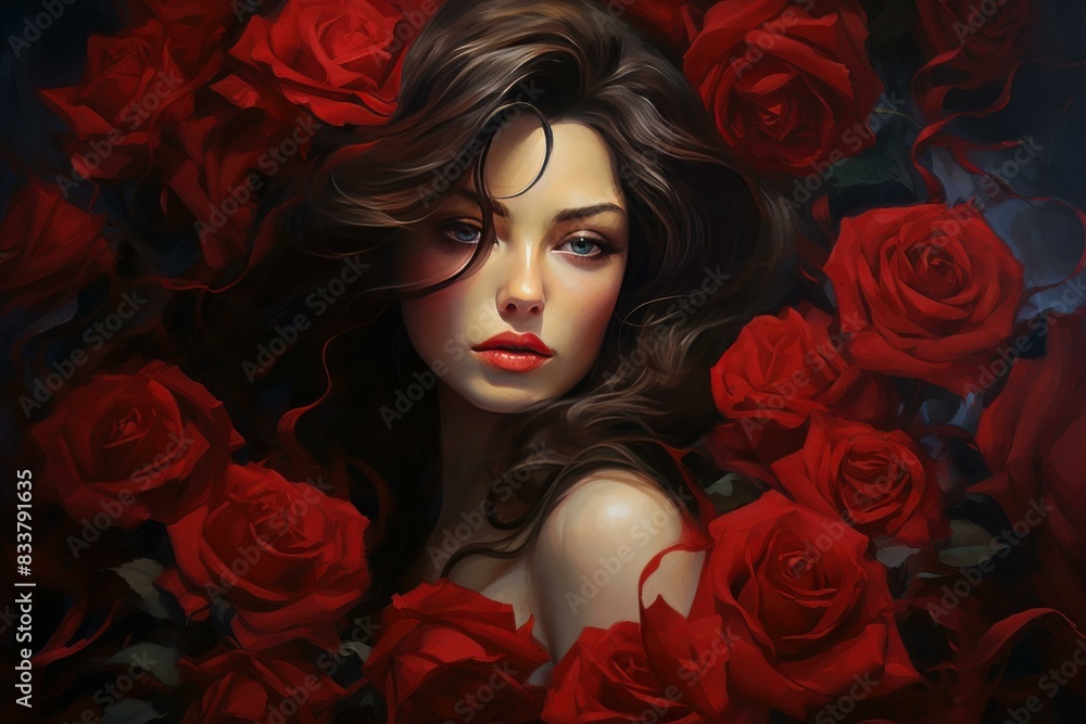 Digital artwork of a captivating woman surrounded by vibrant red roses Digital artwork of a captivating woman surrounded by vibrant red roses