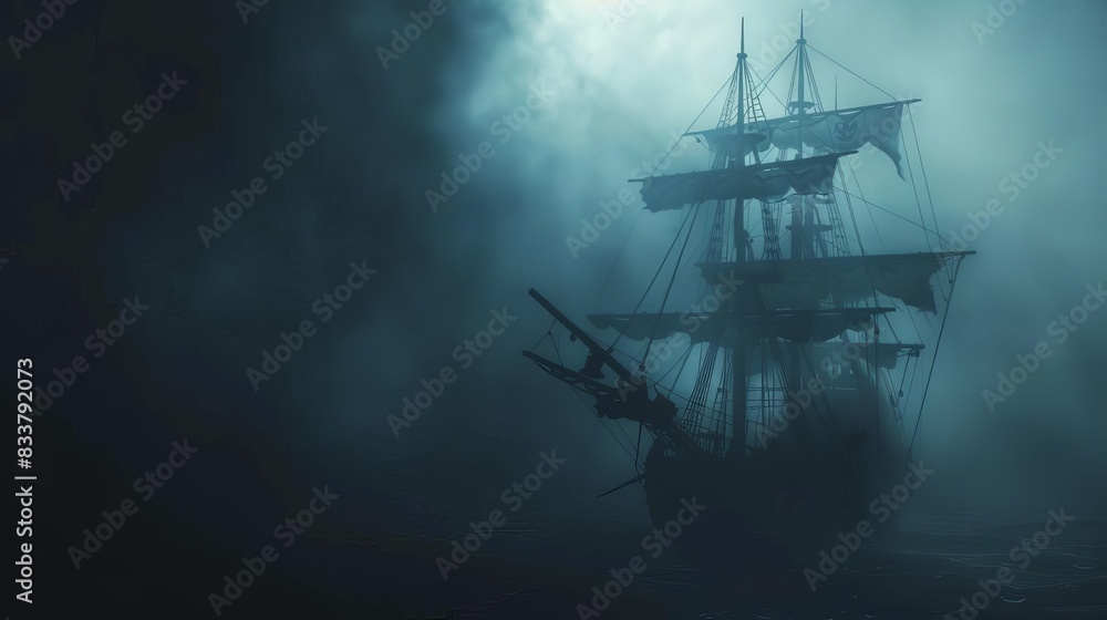 eerie pirate ship silhouette piercing through dense fog mysterious ambiance cinematic concept illustration eerie pirate ship silhouette piercing through dense fog mysterious ambiance cinematic concept illustration