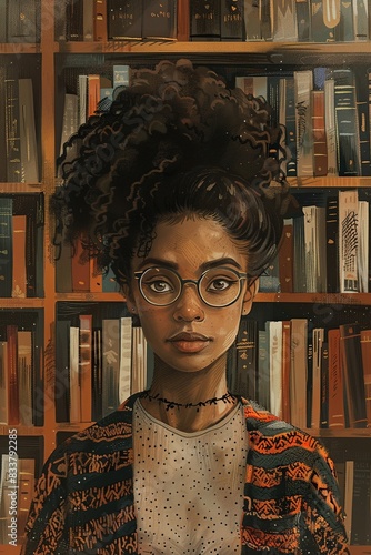 Afro librarian, glasses and cardigan, among towering bookshelves, scholarly photo