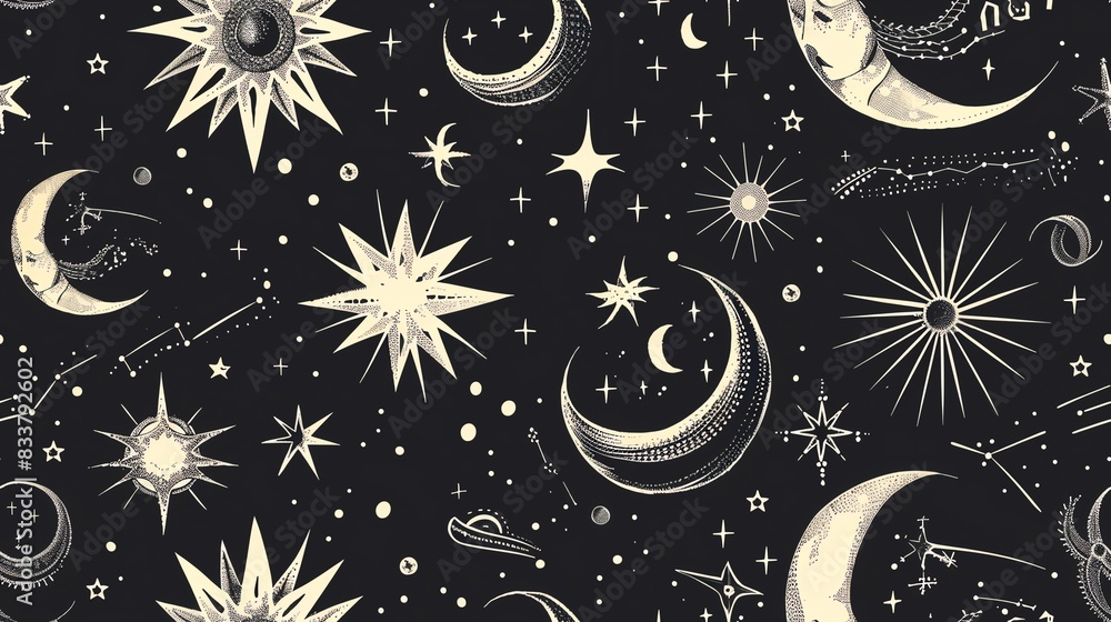 Hand-drawn seamless pattern featuring block print stars and celestial symbols, perfect for a whimsical and mystical look Hand-drawn seamless pattern featuring block print stars and celestial symbols, perfect for a whimsical and mystical look
