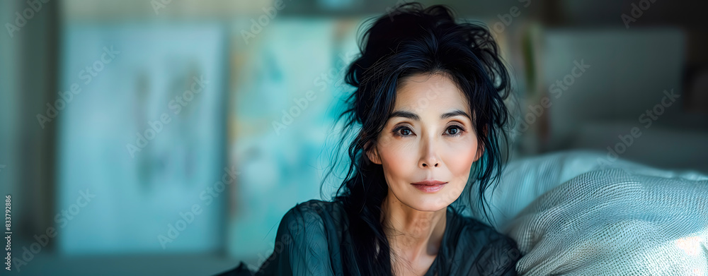 Naklejka premium Attractive Asian woman in her 60s. Space for text.