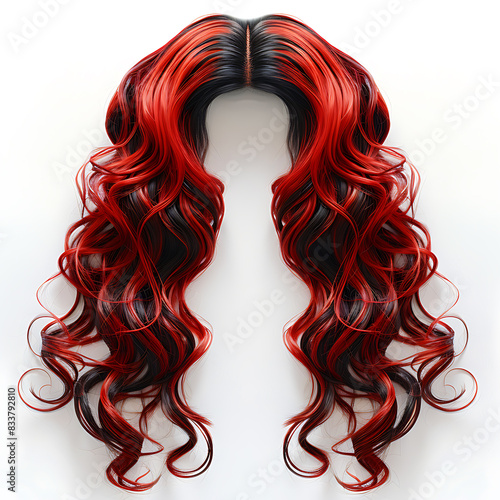Long black curly hair wig with red burgundy streaks, isolated on white