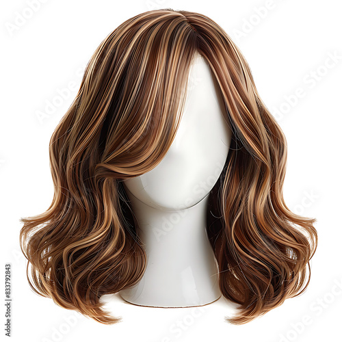 Long chestnut brown curly hair wig with highlights, blonde strands, isolated on white