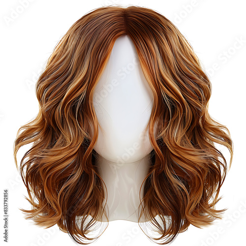 Long chestnut brown curly hair wig with highlights, blonde strands, isolated on white