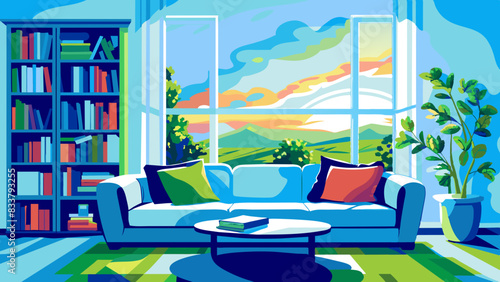 Vibrant Living Room with Panoramic Mountain View and Lush Greenery