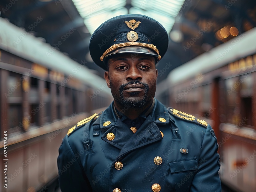 Afro train conductor, traditional uniform, at the station, historic train background Afro train conductor, traditional uniform, at the station, historic train background
