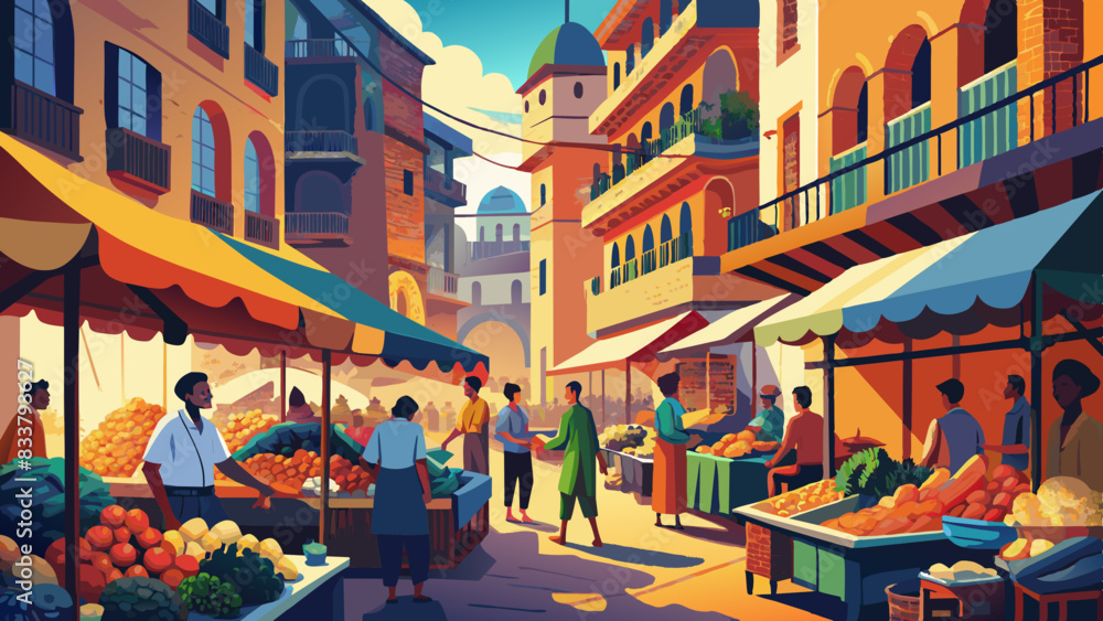 Naklejka premium Bustling Mediterranean Market Scene with Vibrant Colors