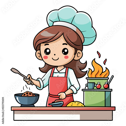 A girl wearing a chef hat and apron is cooking with fresh vegetables in the kitchen. She is stirring ingredients in a pot and has various vegetables on the table, looking content and focused