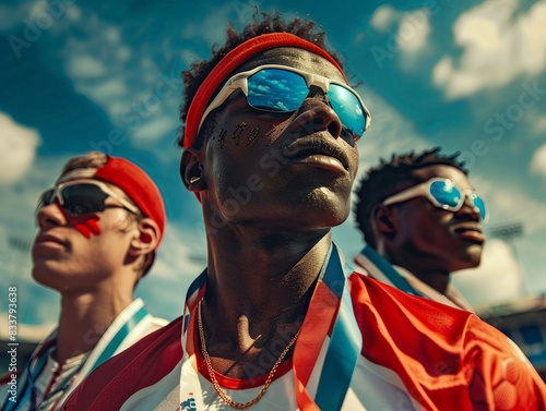 Afro athlete, sportswear and medals, stadium background, triumphantly posed photo