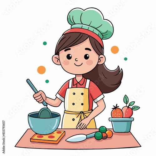 A girl in a chef hat and apron is cooking with fresh ingredients on the table. She is stirring in a pot and has various vegetables and cooking tools around her, smiling as she enjoys the cooking proce