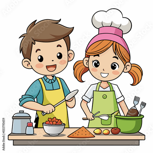 Two cheerful children are cooking together in a kitchen. The boy and girl are wearing aprons and chef hats, smiling as they prepare a meal with various ingredients on the table.