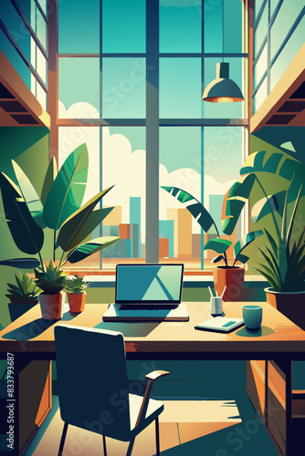 Modern Home Office with Cityscape View and Lush Greenery