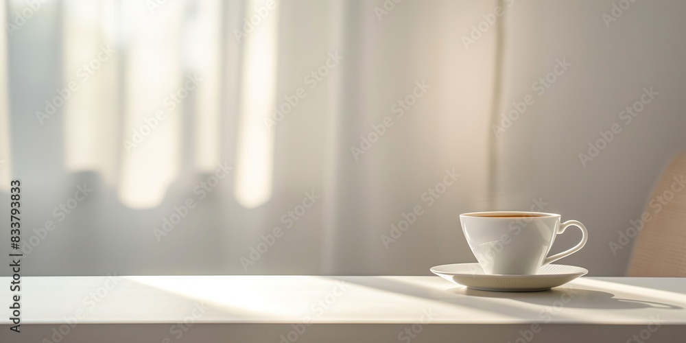 A white coffee cup sits on a white table in front of a window A white coffee cup sits on a white table in front of a window