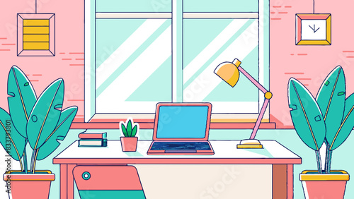 Vibrant Home Office Space with Laptop and Plants