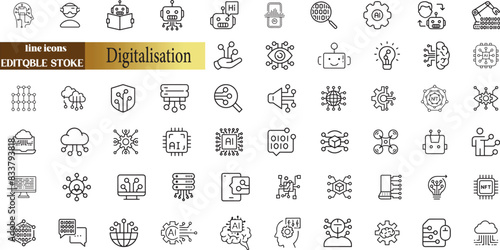 Digitalisation web icons. Digital technology icons such as cloud computing, artificial intelligence, mobile