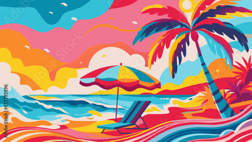 Vibrant Tropical Beach Paradise Illustration with Sun Lounger and Umbrella