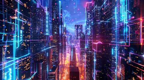 a striking digital cityscape at night, vibrant with electric neon colors and high-tech skyscrapers