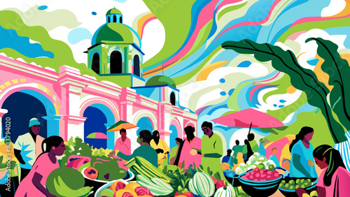 Vibrant Market Scene at a Colorful Town Square with Bustling Shoppers