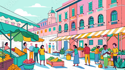Bustling Urban Farmers Market with Colorful Stalls and Shoppers