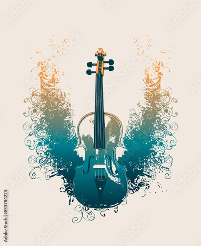 Creative color musical illustration. Vector drawing of realistic violin with floral patterns in retro style