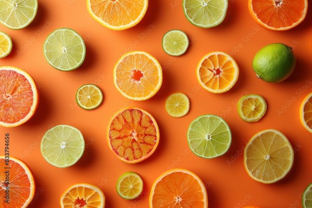 Obraz premium Citrus slices on vibrant orange background, top view flat lay composition, culinary freshness concept