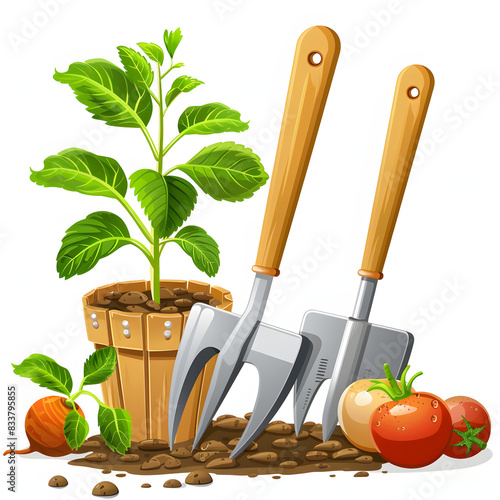 Gardening and flowering tools for organic farming and natural food growing. isolated png isolated on white background, text area, png
 photo