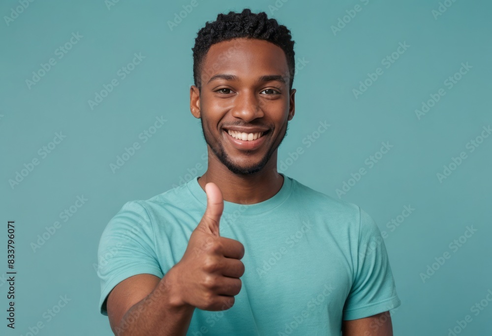 A young African American man in a teal t-shirt giving a thumbs up with a blue background. A young African American man in a teal t-shirt giving a thumbs up with a blue background.