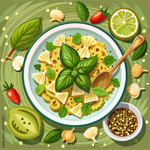 farfalle-with-peA beautifully arranged plate of basil pesto pasta, garnished with fresh basil leaves, garlic, and beans. The dish is surrounded by various ingresto--bow-tie-pasta-covered-in-a-br-2.svg