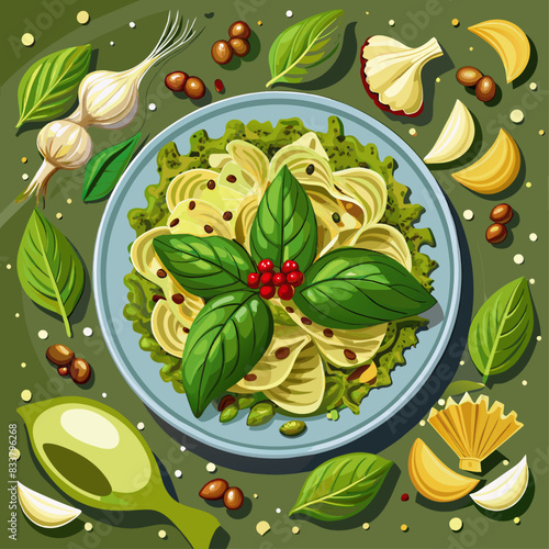 farfalle-with-peA beautifully arranged plate of basil pesto pasta, garnished with fresh basil leaves, garlic, and beans. The dish is surrounded by various ingresto--bow-tie-pasta-covered-in-a-br-2.svg
