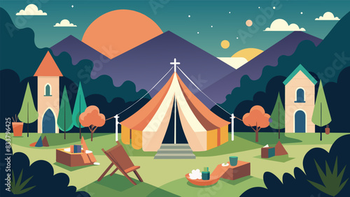 The church grounds were transformed into a peaceful oasis with tents hammocks and an outdoor altar for a night of worship and spiritual renewal during. Vector illustration