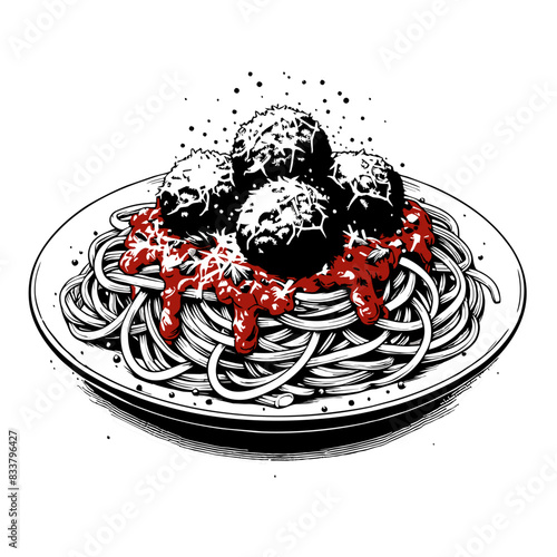A monochrome illustration of a plate of spaghetti with meatballs covered in tomato sauce. The detailed drawing highlights the textures and layers of the dish, topped with grated cheese.